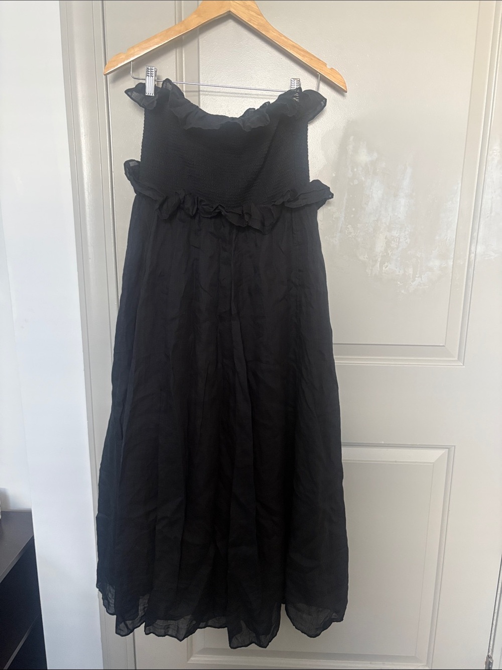 J. Crew Black Strapless Ruffle Midi Dress
